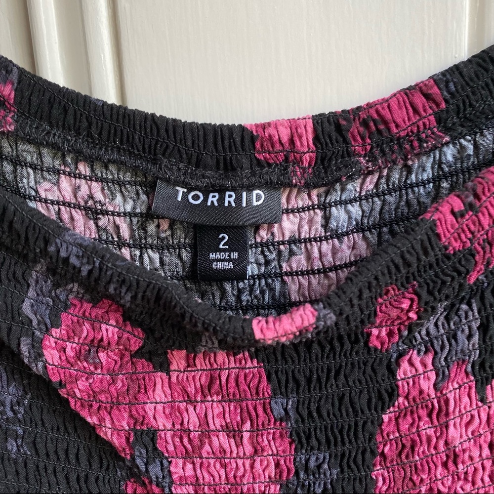 Torrid Pink and Black Floral Print Smocked Handkerchief Dress - Picture 3 of 13